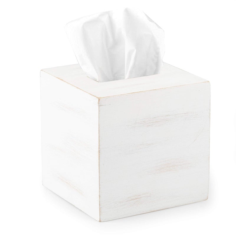 Ilyapa Wood Tissue Box Cover Square - Rustic Farmhouse White Wooden Tissue Holder - Image 1